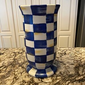 Hand painted Inspired Mackenzie Childs Vase. Colors blue, white, gold.